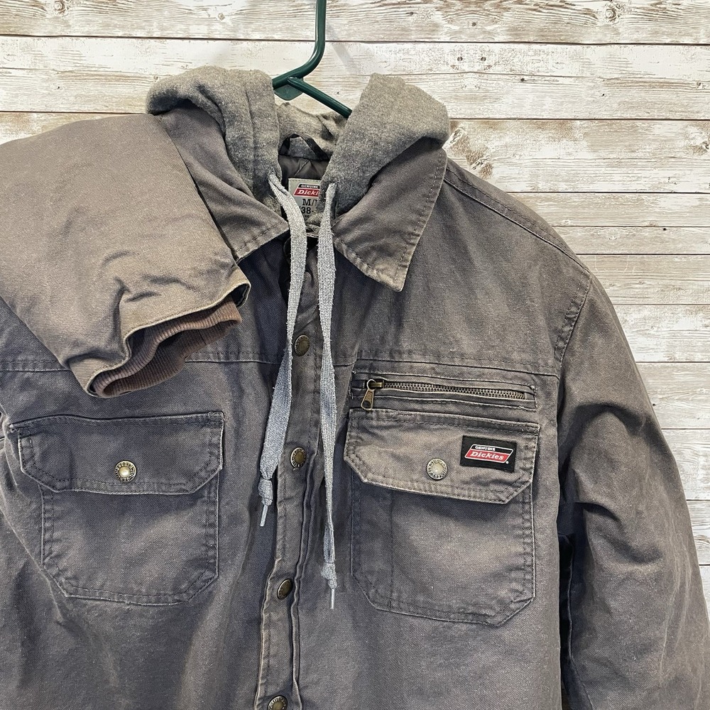 Dickies Mens M Jacket Canvas Chore Work Gray Hooded Zip + Snap Lined Insulated‎
